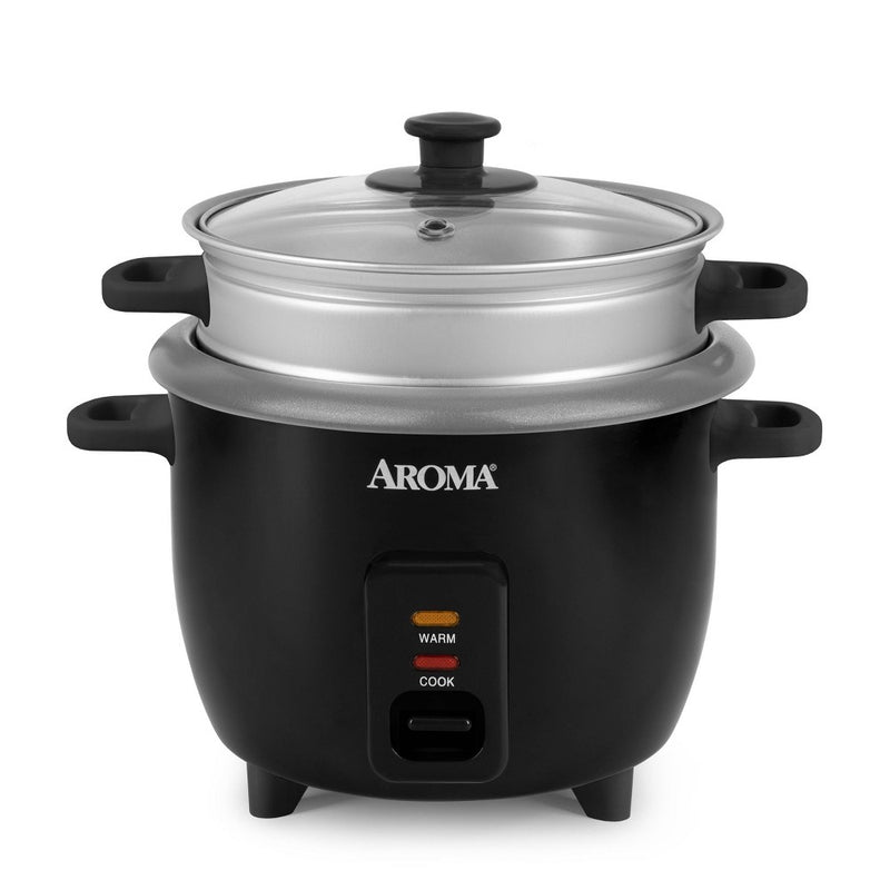 Aroma 6 Cup Rice Cooker with Outer Steam Tray Black: 2 Quart, One-Touch, Nonstick, Automatic Shut-Off, Includes Accessories