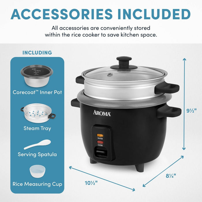 Aroma 6 Cup Rice Cooker with Outer Steam Tray Black: 2 Quart, One-Touch, Nonstick, Automatic Shut-Off, Includes Accessories