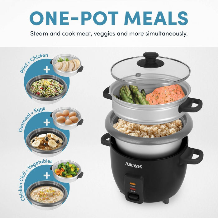 Aroma 6 Cup Rice Cooker with Outer Steam Tray Black: 2 Quart, One-Touch, Nonstick, Automatic Shut-Off, Includes Accessories