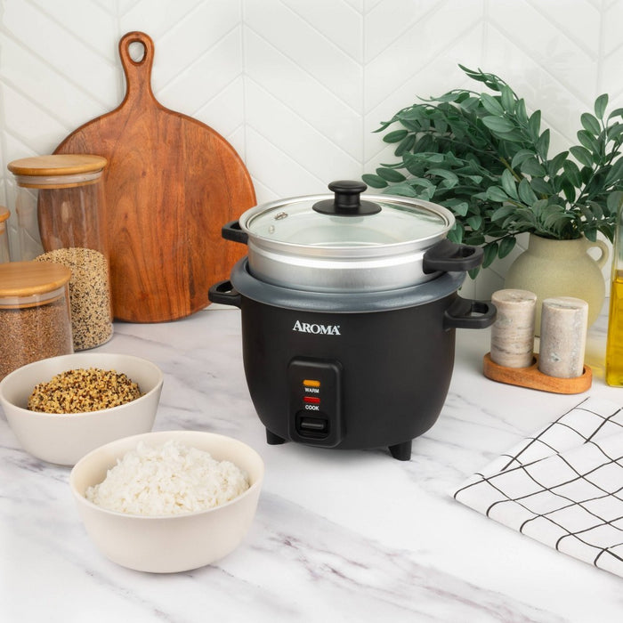Aroma 6 Cup Rice Cooker with Outer Steam Tray Black: 2 Quart, One-Touch, Nonstick, Automatic Shut-Off, Includes Accessories