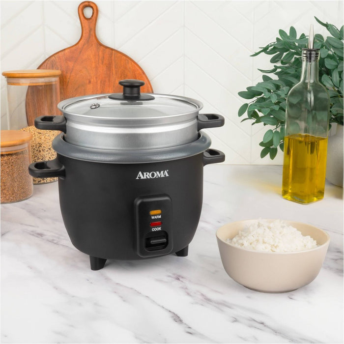 Aroma 6 Cup Rice Cooker with Outer Steam Tray Black: 2 Quart, One-Touch, Nonstick, Automatic Shut-Off, Includes Accessories
