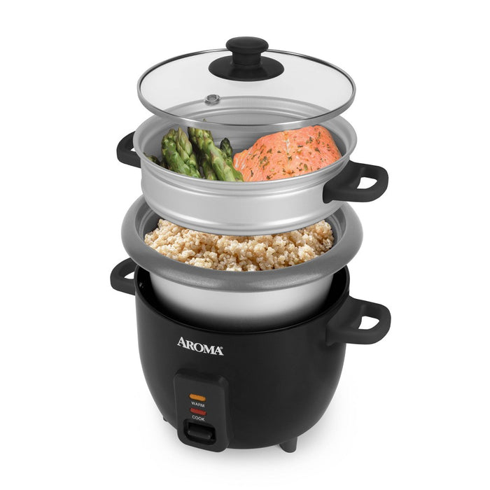 Aroma 6 Cup Rice Cooker with Outer Steam Tray Black: 2 Quart, One-Touch, Nonstick, Automatic Shut-Off, Includes Accessories