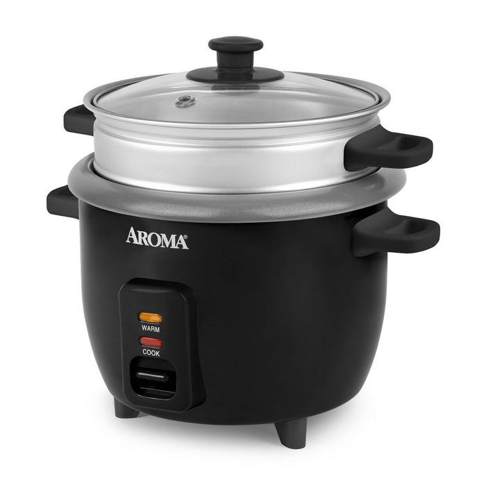 Aroma 6 Cup Rice Cooker with Outer Steam Tray Black: 2 Quart, One-Touch, Nonstick, Automatic Shut-Off, Includes Accessories