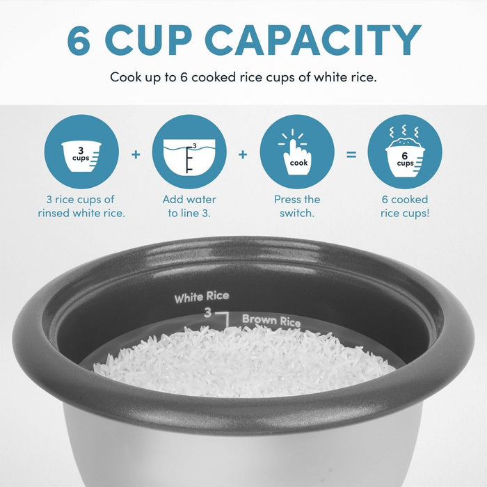 Aroma 6 Cup Rice Cooker with Outer Steam Tray Black: 2 Quart, One-Touch, Nonstick, Automatic Shut-Off, Includes Accessories