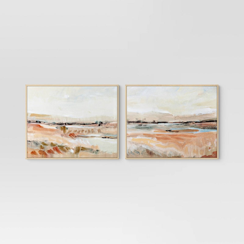 (Set of 2) 24" x 30" Faded Landscape Framed Wall Canvases Natural - Threshold: Polystyrene Frame, Blockprint Art (LOCAL PICKUP ONLY)