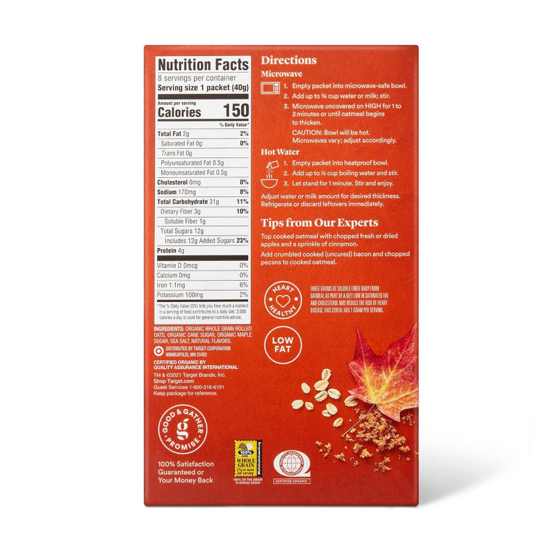 Organic Maple Brown Sugar Instant Oatmeal Packets - 11.28oz/8ct - Good & Gather
