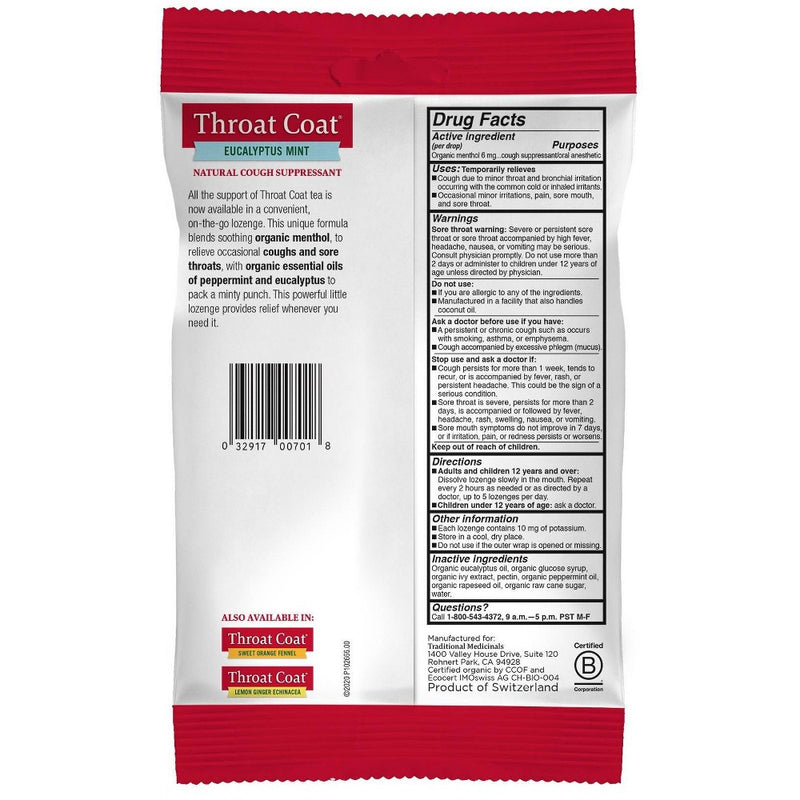 Traditional Medicinals Throat Coat Eucalyptus Mint Lozenges - 16ct