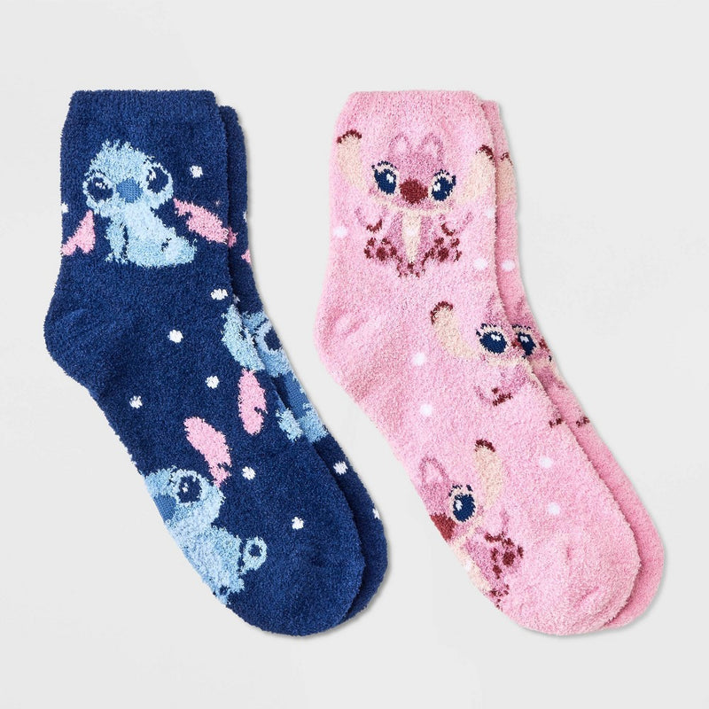 Women's Lilo & Stitch 2pk Cozy Ankle Socks - Navy/Pink 4-10