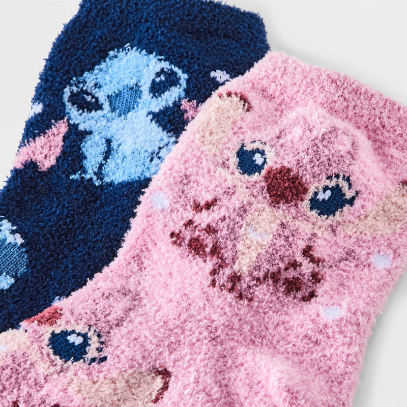 Women's Lilo & Stitch 2pk Cozy Ankle Socks - Navy/Pink 4-10