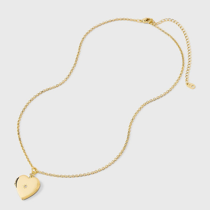 14K Gold Dipped Cubic Zirconia Bezel Heart Locket Pendant Necklace - A New Day Gold