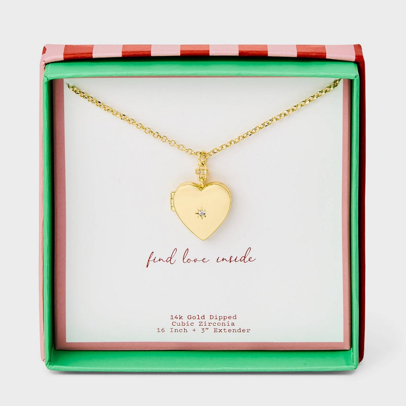 14K Gold Dipped Cubic Zirconia Bezel Heart Locket Pendant Necklace - A New Day Gold