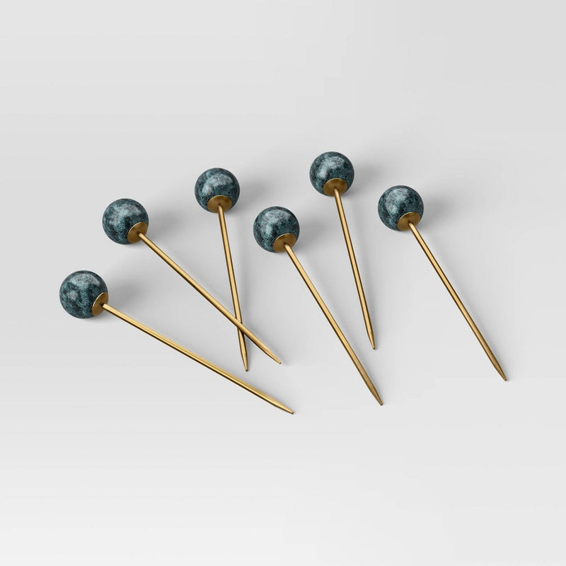 7pc Stainless Steel Cocktail Picks with Holder Gold - Threshold: Modern Barware Set, Spot Clean, Stoneware Holder