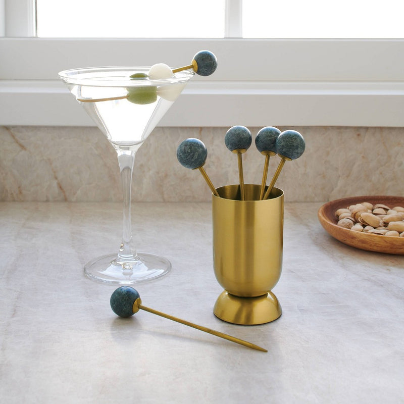 7pc Stainless Steel Cocktail Picks with Holder Gold - Threshold: Modern Barware Set, Spot Clean, Stoneware Holder