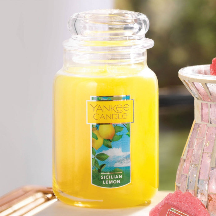 22oz Sicilian Lemon Original Large Jar Candle: Yankee Candle, Paraffin Wax, Lidded, 150hr Burn Time, Glass Container