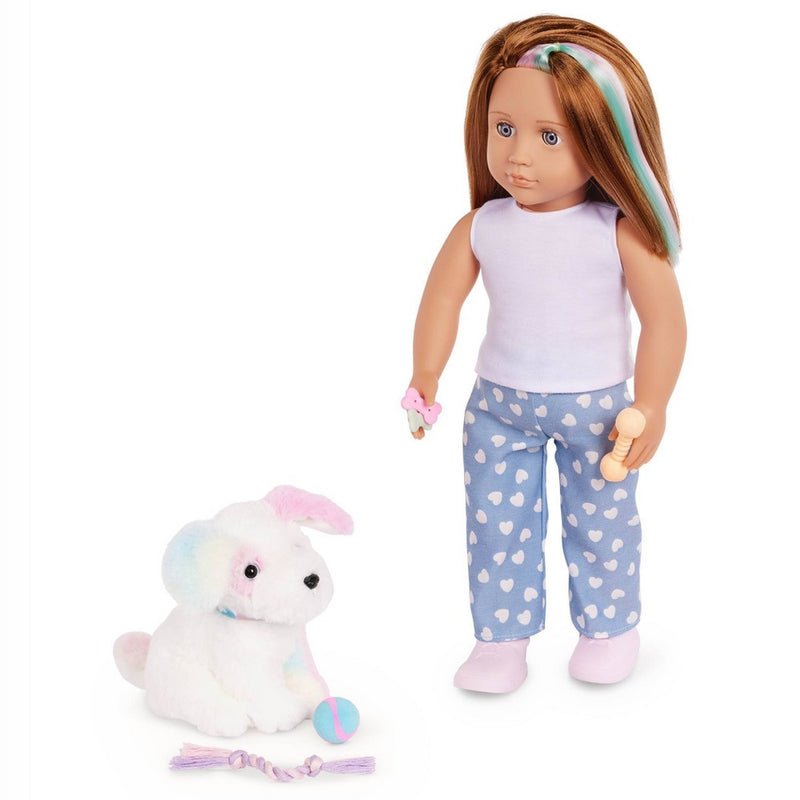 Our Generation Skylar & Bow Matching 18'' Doll & Pet Rainbow Puppy Set