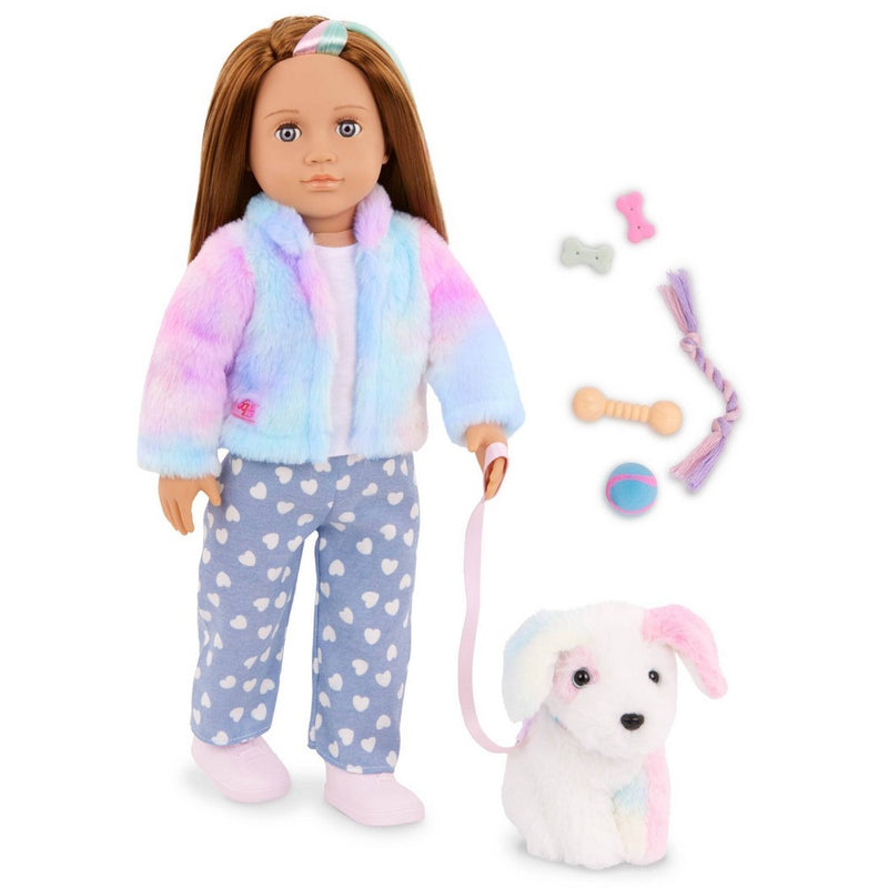 Our Generation Skylar & Bow Matching 18'' Doll & Pet Rainbow Puppy Set