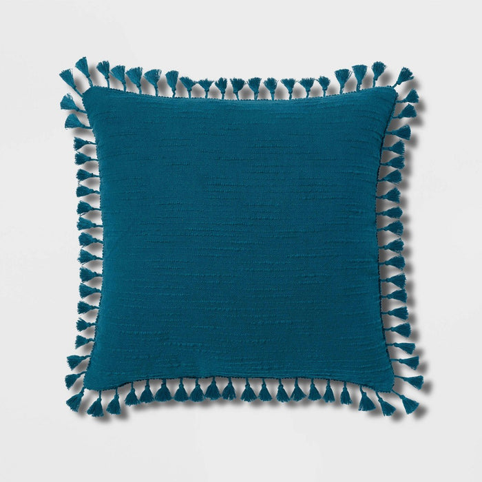 Euro Textured Slub Tassel Decorative Throw Pillow Dark Teal Blue - Threshold: Cotton Dobby, Indoor Square Accent Pillow (LOCAL PICKUP ONLY)