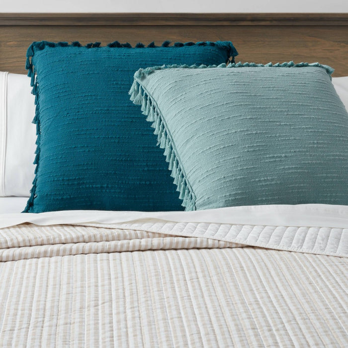 Euro Textured Slub Tassel Decorative Throw Pillow Dark Teal Blue - Threshold: Cotton Dobby, Indoor Square Accent Pillow (LOCAL PICKUP ONLY)