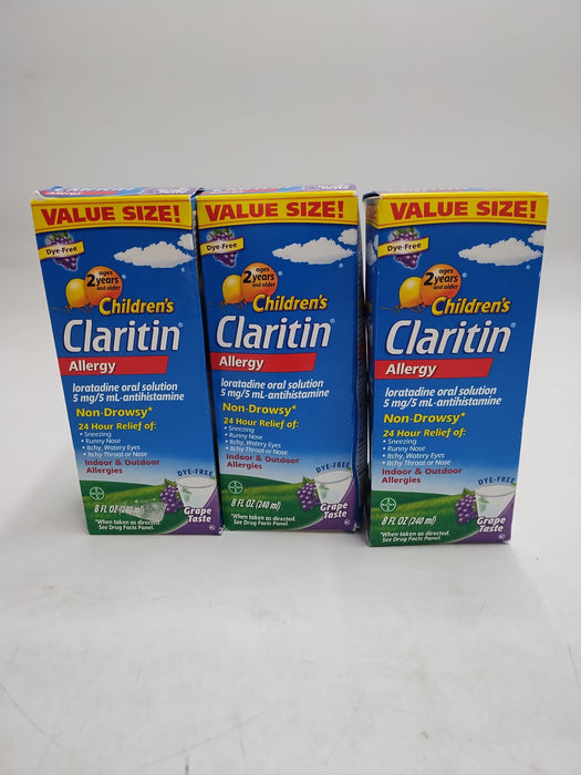 Children's Claritin Loratadine Allergy Relief 24 Hour Non-Drowsy Grape Liquid - 8 fl oz - 3 PACK - EXP: 03/2027