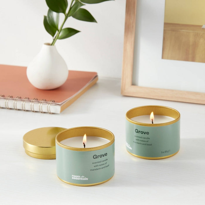 2pk 3oz Tin Gift Set Gove - Room Essentials: Soy Wax Blend Candles, Mandarin Basil Scent, Housewarming Gift