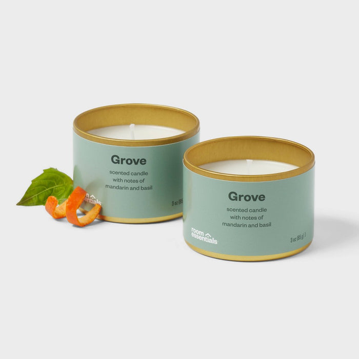 2pk 3oz Tin Gift Set Gove - Room Essentials: Soy Wax Blend Candles, Mandarin Basil Scent, Housewarming Gift