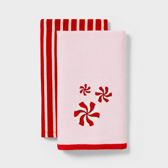 2pk Christmas Peppermint Swirl Hand Towels Pink - Wondershop