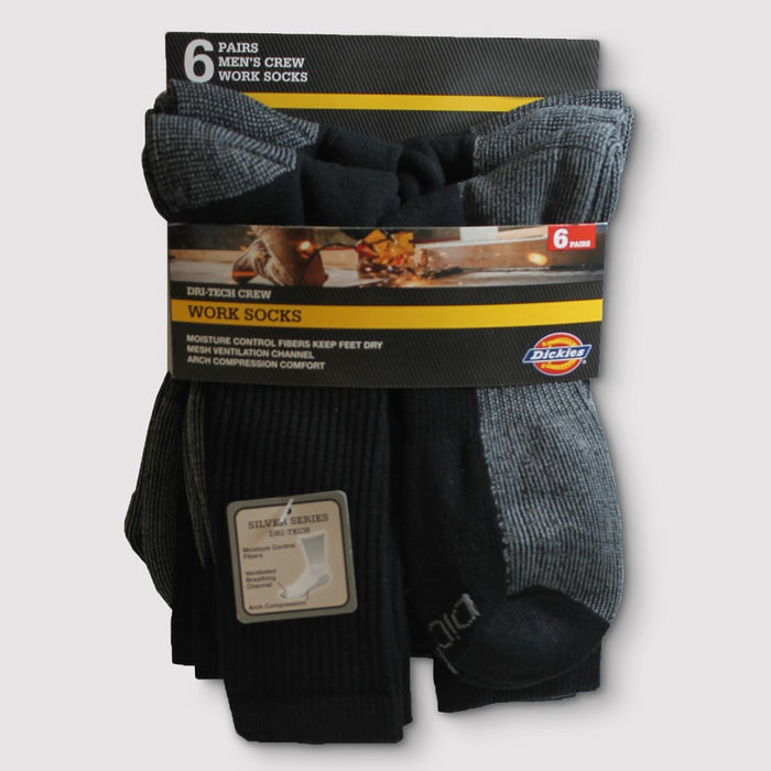 Dickies Men's Dri Tech Crew Socks 6pk - Black 6-12