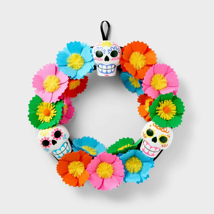 16" Dia de Muertos Artificial Fabric Flower Wreath