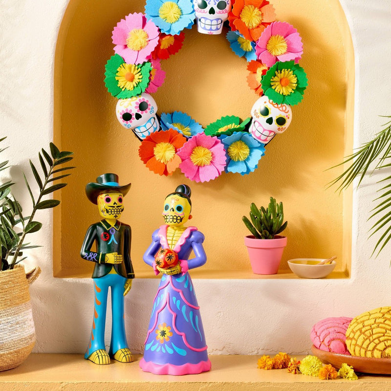 16" Dia de Muertos Artificial Fabric Flower Wreath