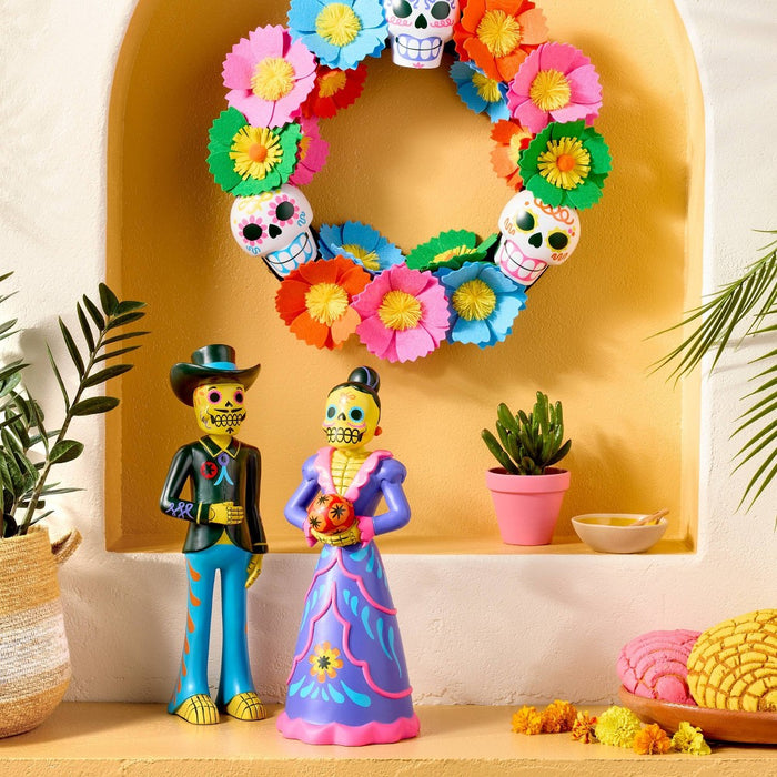 16" Dia de Muertos Artificial Fabric Flower Wreath