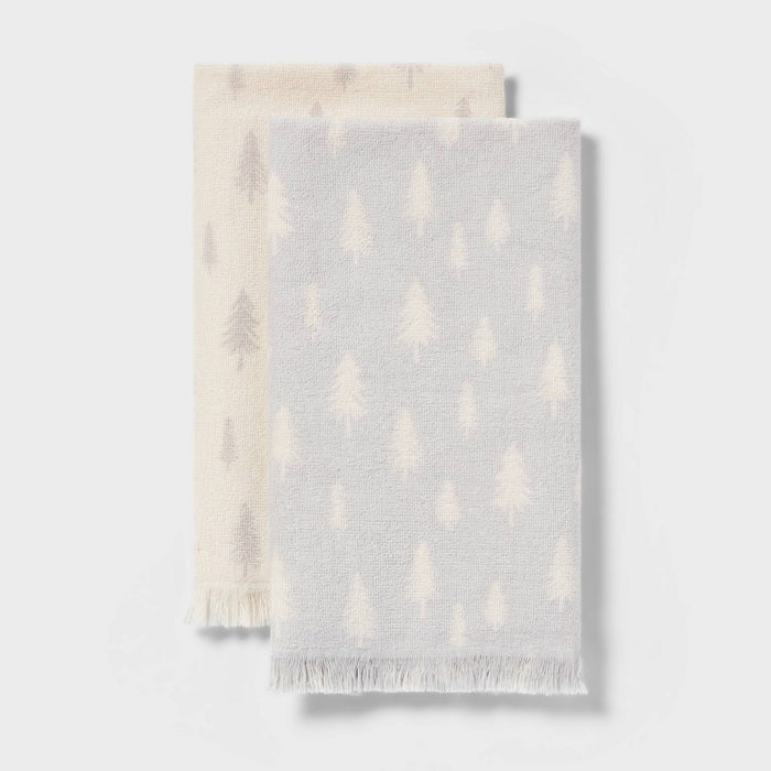 2pk Christmas Scattered Trees Hand Towels Gray/White - Wondershop