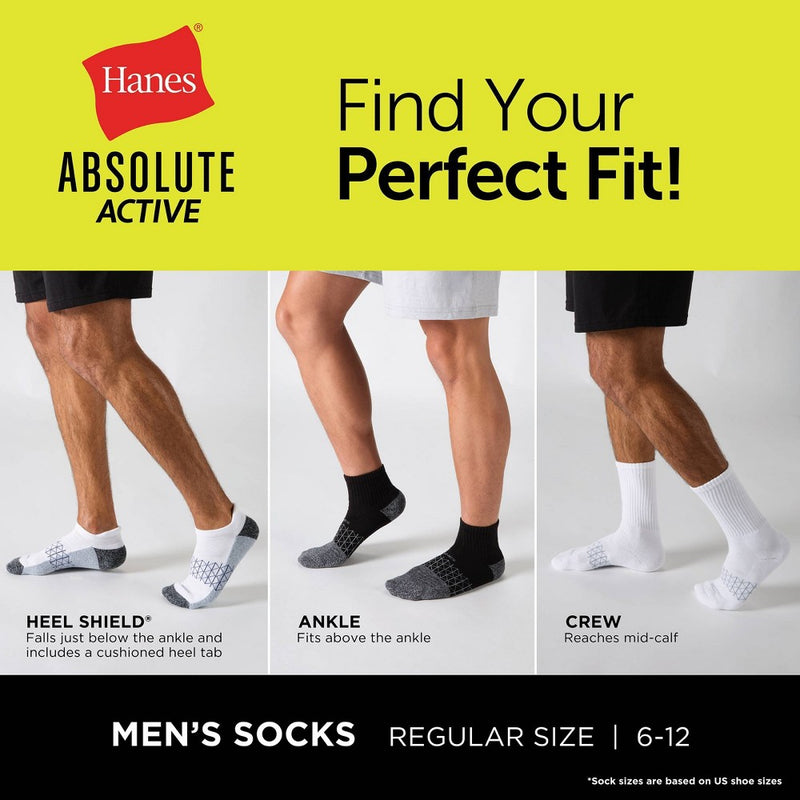 Hanes Men's 3pk Absolute Active Cushioned Heel Shield Socks - White/Gray/Red 6-12