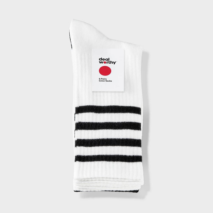Women's Striped Ribbed 5pk Crew Socks - Dealworthy Black/White 4-10