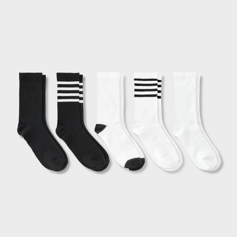 Women's Striped Ribbed 5pk Crew Socks - Dealworthy Black/White 4-10