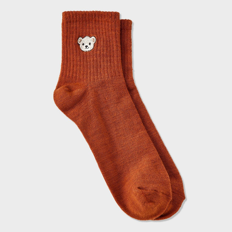Women's Embroidered Teddy Bear Ribbed Ankle Socks - Copper 4-10