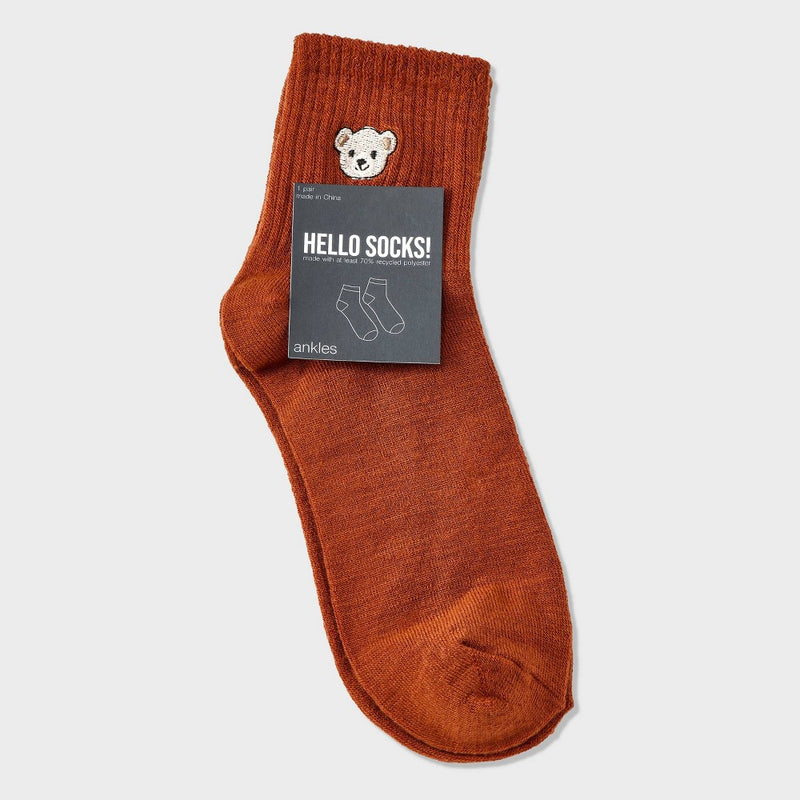 Women's Embroidered Teddy Bear Ribbed Ankle Socks - Copper 4-10