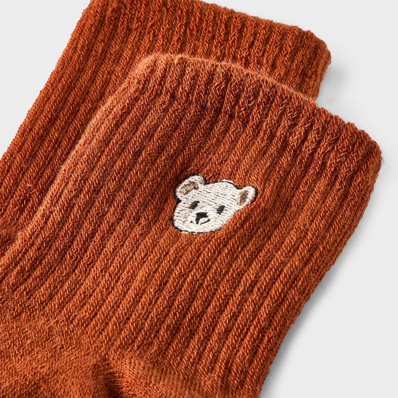 Women's Embroidered Teddy Bear Ribbed Ankle Socks - Copper 4-10