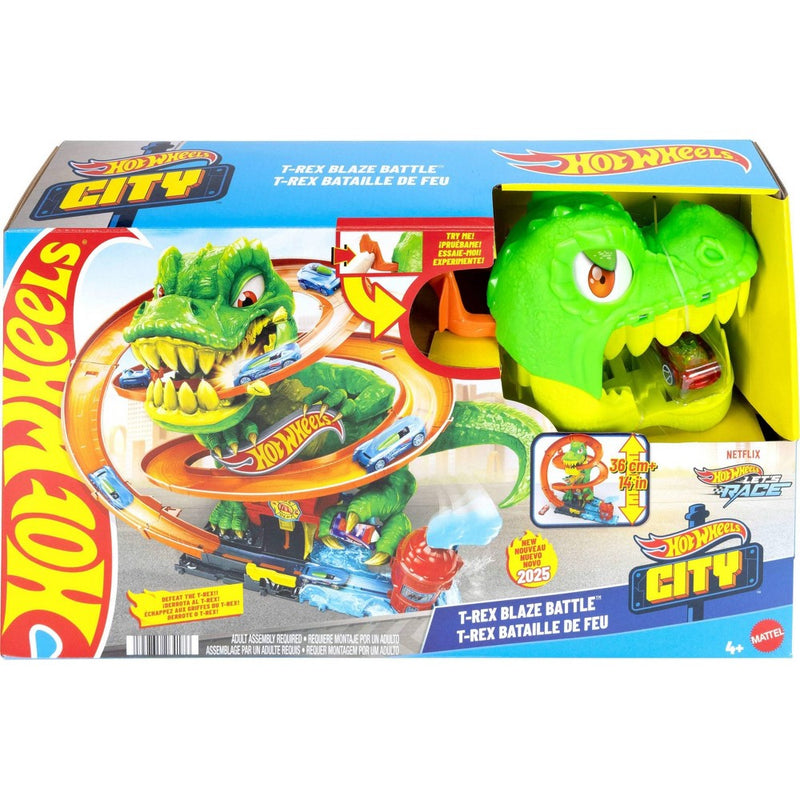Hot Wheels Diecast City T-Rex Blaze Battle Playset 1:64 Scale Dinosaur Nemesis