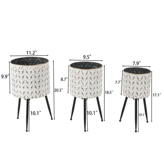 LuxenHome Set of 3 Distressed White and Black Metal Cachepot Planters with Legs Off-White