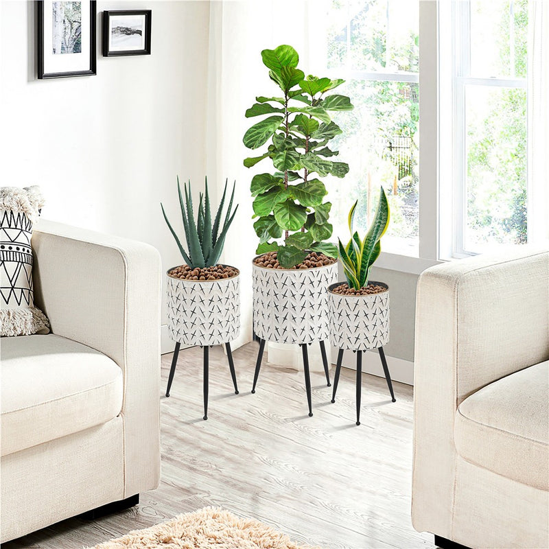 LuxenHome Set of 3 Distressed White and Black Metal Cachepot Planters with Legs Off-White