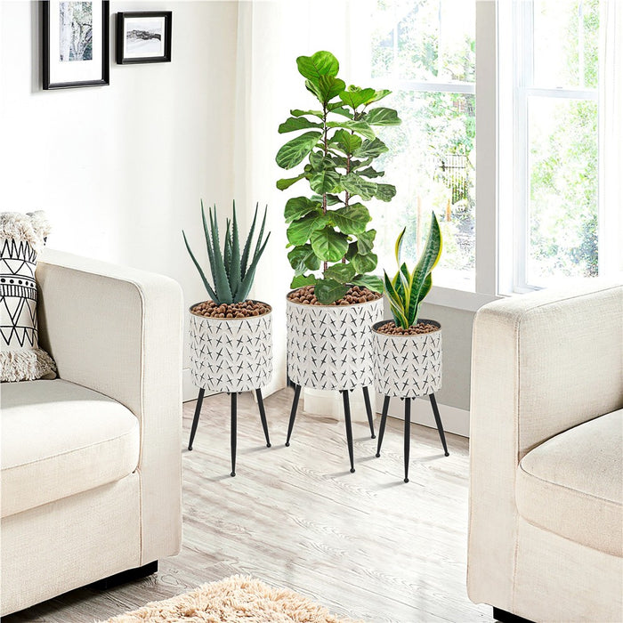 LuxenHome Set of 3 Distressed White and Black Metal Cachepot Planters with Legs Off-White
