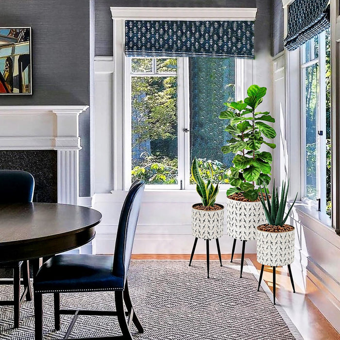 LuxenHome Set of 3 Distressed White and Black Metal Cachepot Planters with Legs Off-White