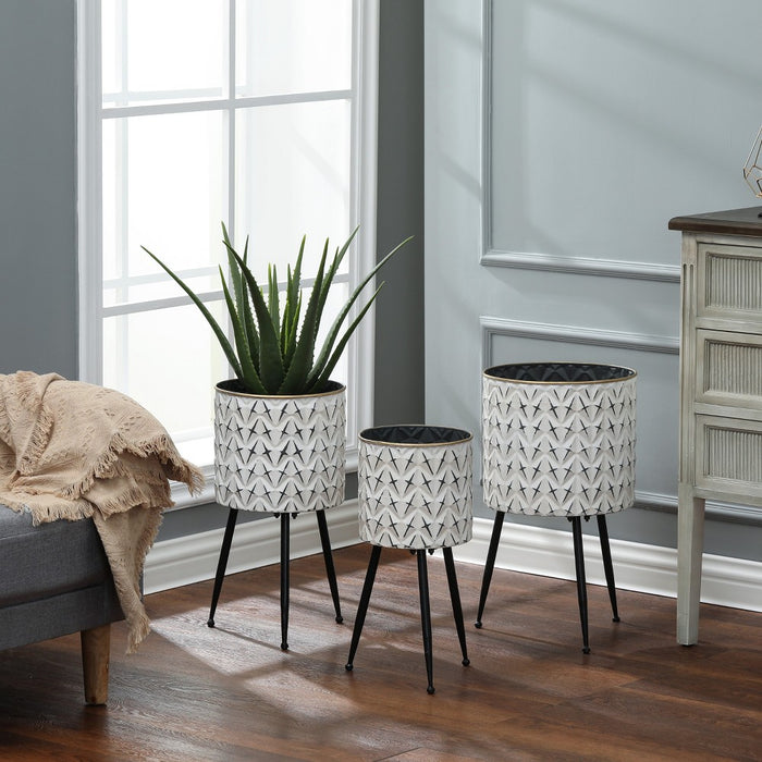 LuxenHome Set of 3 Distressed White and Black Metal Cachepot Planters with Legs Off-White
