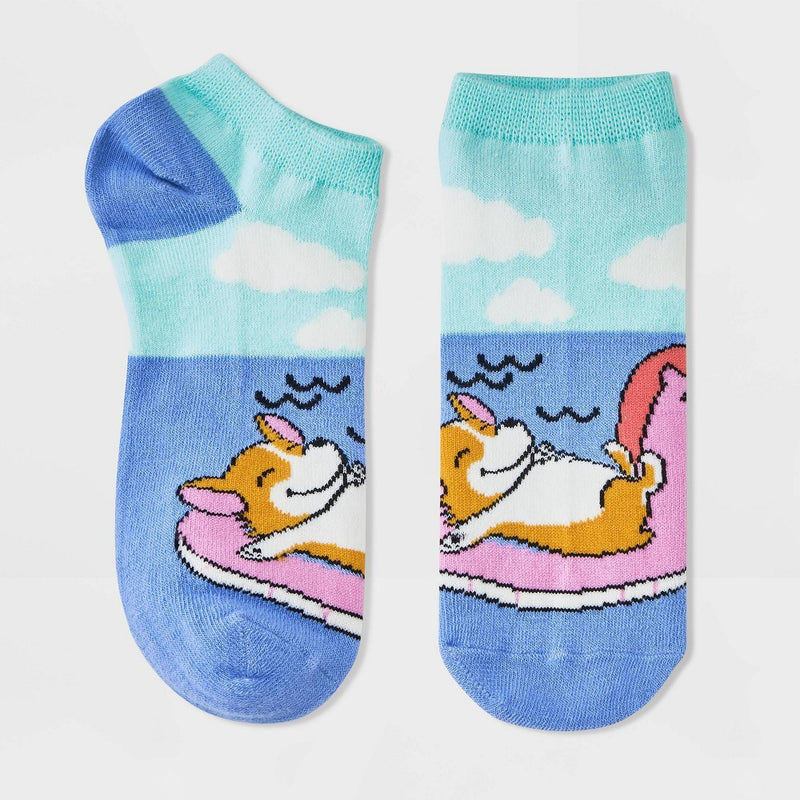 Women's Vacation Corgi Low Cut Socks - Blue/Pink 4-10