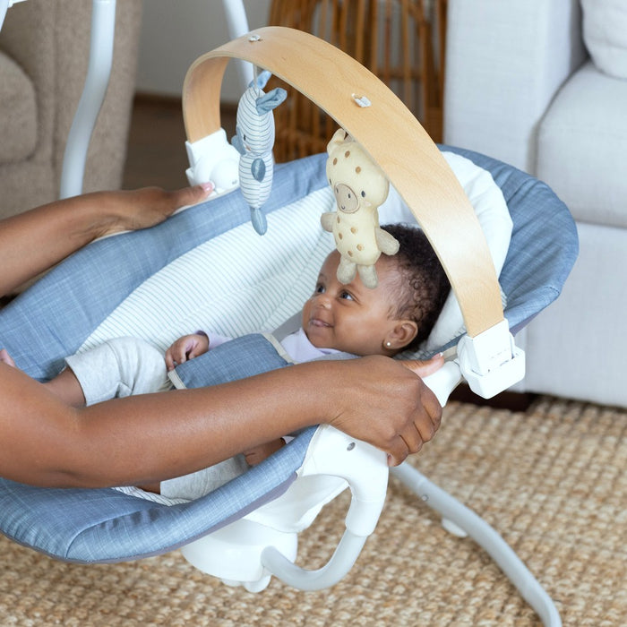 Ingenuity Simple Comfort Compact Swing with Wood Toy Bar - Chambray (LOCAL PICKUP ONLY)