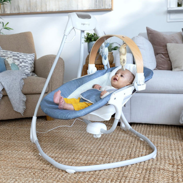 Ingenuity Simple Comfort Compact Swing with Wood Toy Bar - Chambray (LOCAL PICKUP ONLY)