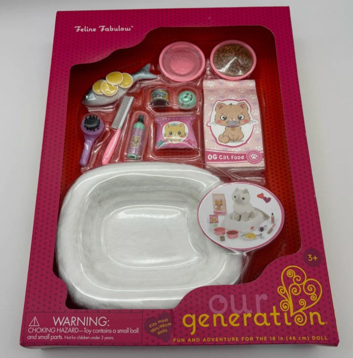 Our Generation Feline Fabulous Pet Bed & Play Food Accessory Set for 18" Dolls
