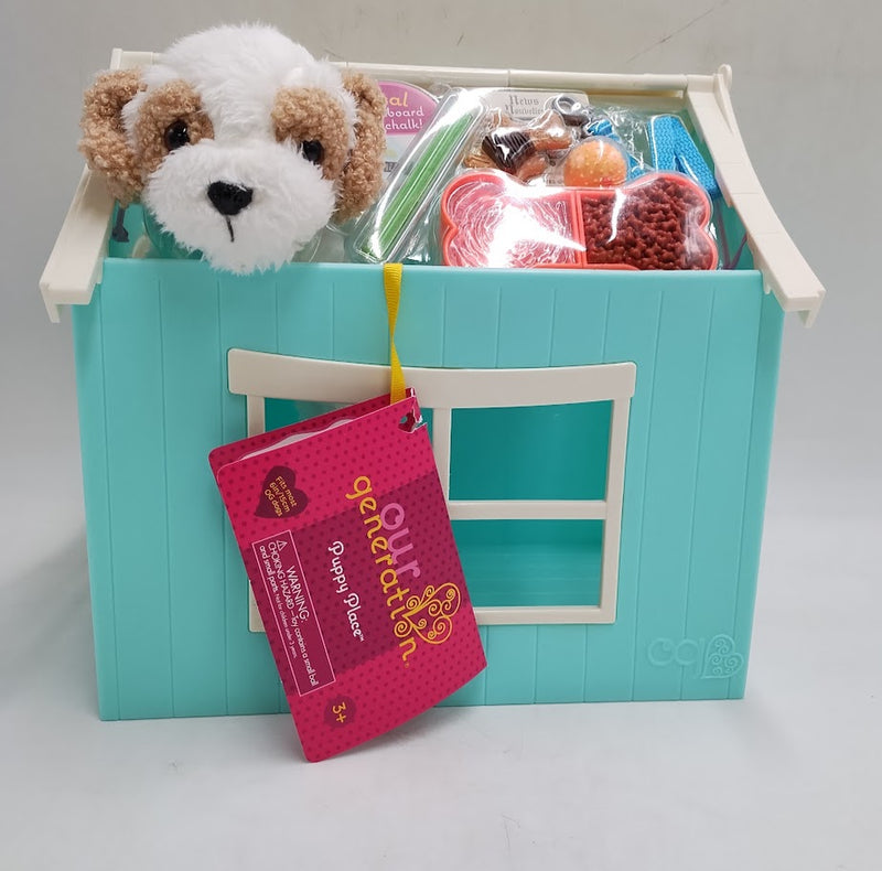Our Generation Puppy Place Pet Dog Plush & Dog House Accessory Set for 18'' Dolls