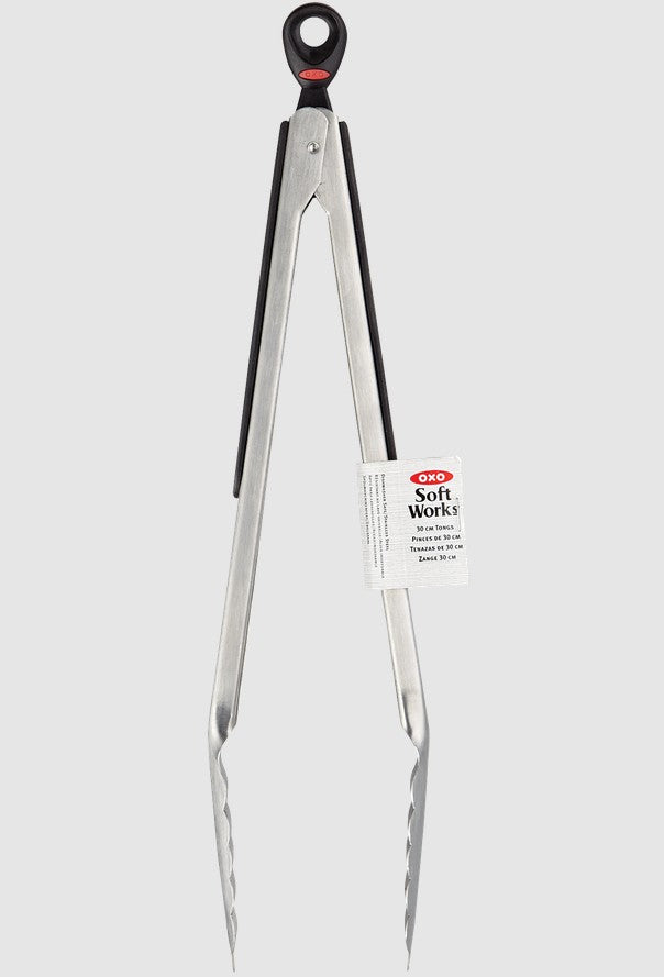 OXO 12" Tongs: Stainless Steel Kitchen Tongs with Locking Mechanism, Dishwasher-Safe, Light Silver