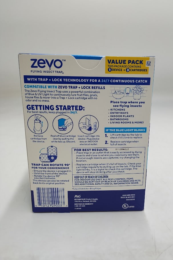 Zevo Flying Insect Indoor Light Fly Trap Starter Kit - 1 Trap + 3 Refills